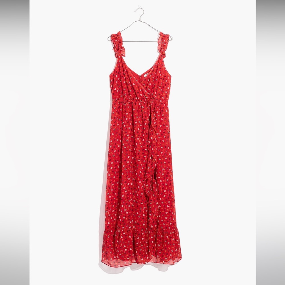 Madewell Ruffle-Strap Wrap Dress Metallic Striped Prairie Posies Red - Picture 14 of 14